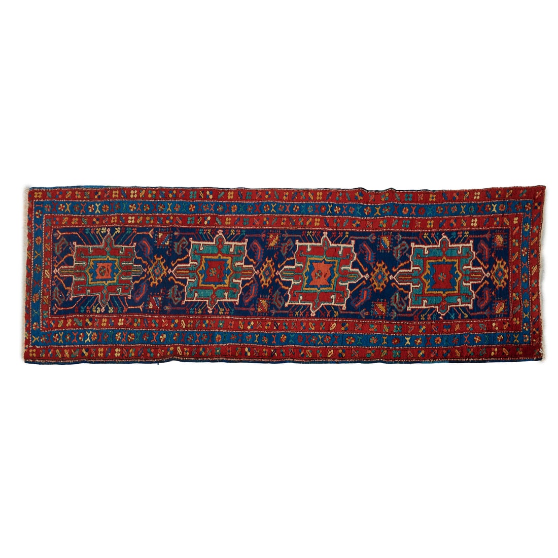 Caucasian Karabagh Wool Runner Rug, with four medallions on the blue ground, surrounded by three: Caucasian Karabagh Wool Runner Rug, with four medallions on the blue ground, surrounded by three borders to long ends, and two to either side. Woven in many colors, on the cotton weft..{Approximate di
