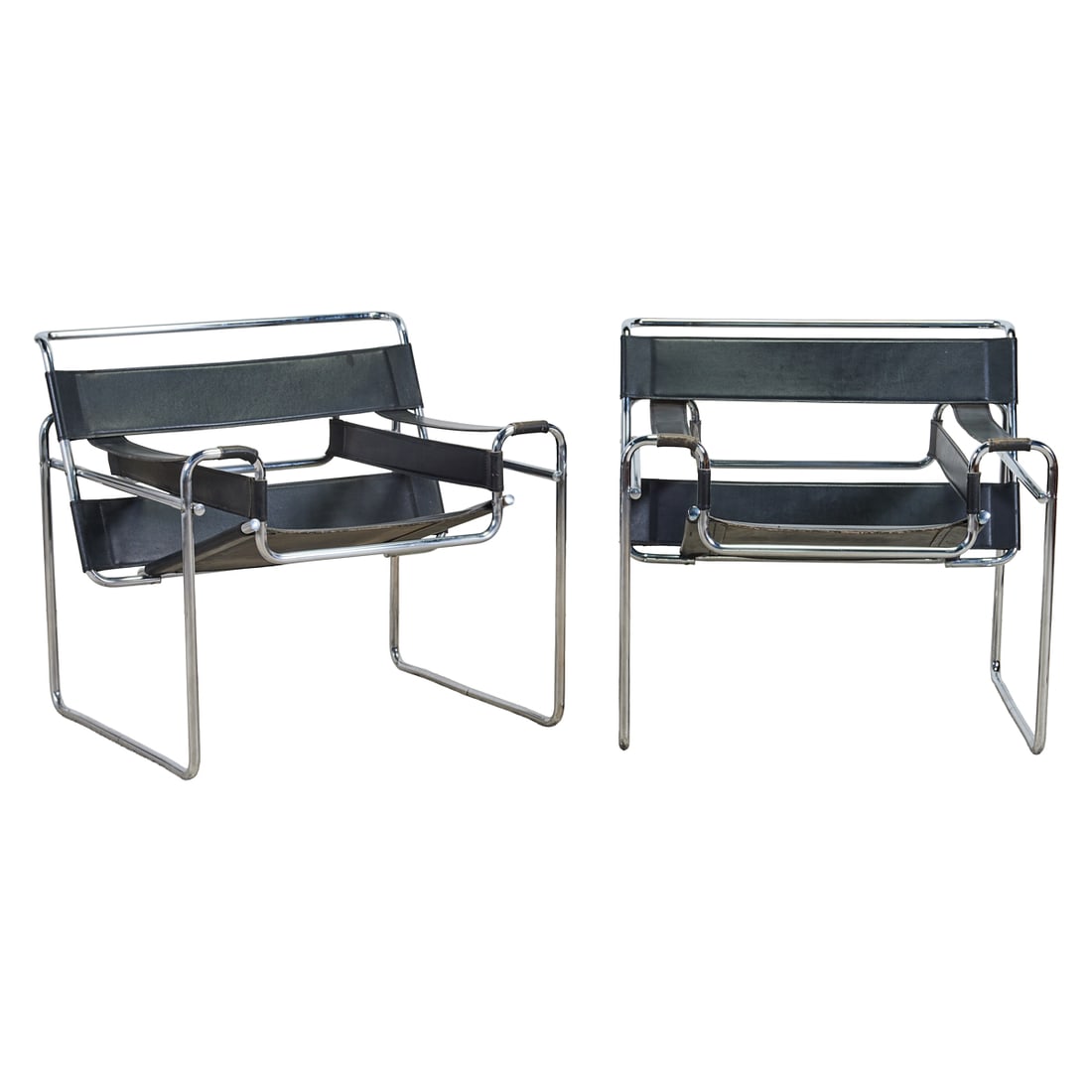 Pair of Marcel Breuer Attributed Wassily Chairs, tubular chromed frames, with black leather (1 of 4)