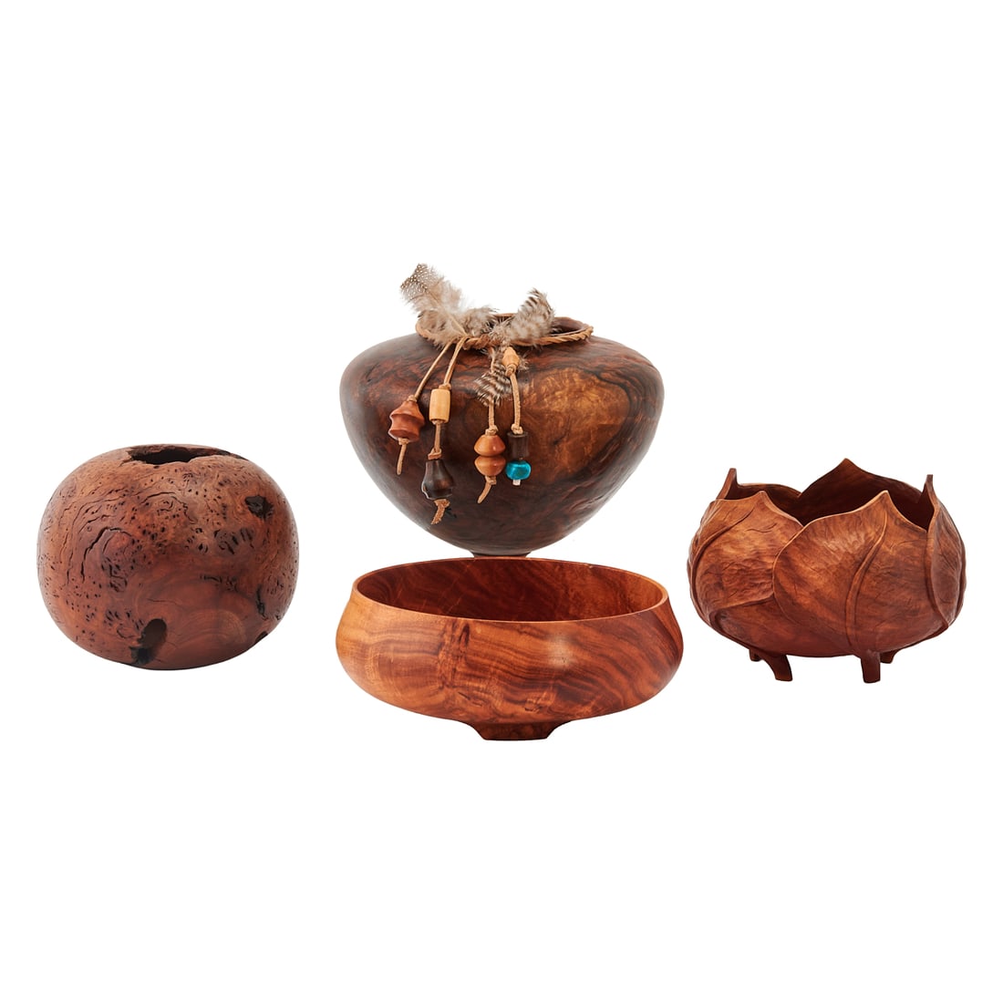 American Craft: Four Brenda Behrens Wood Bowls, comprising two of carob, a ceremonial bowl of black (1 of 7)