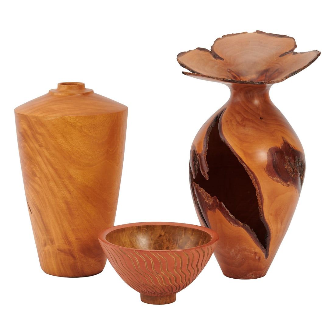American Craft: Three Turned Wood Vessels, comprising a Howard Lewin, Natural Edge Vessel, Plum, (1 of 8)
