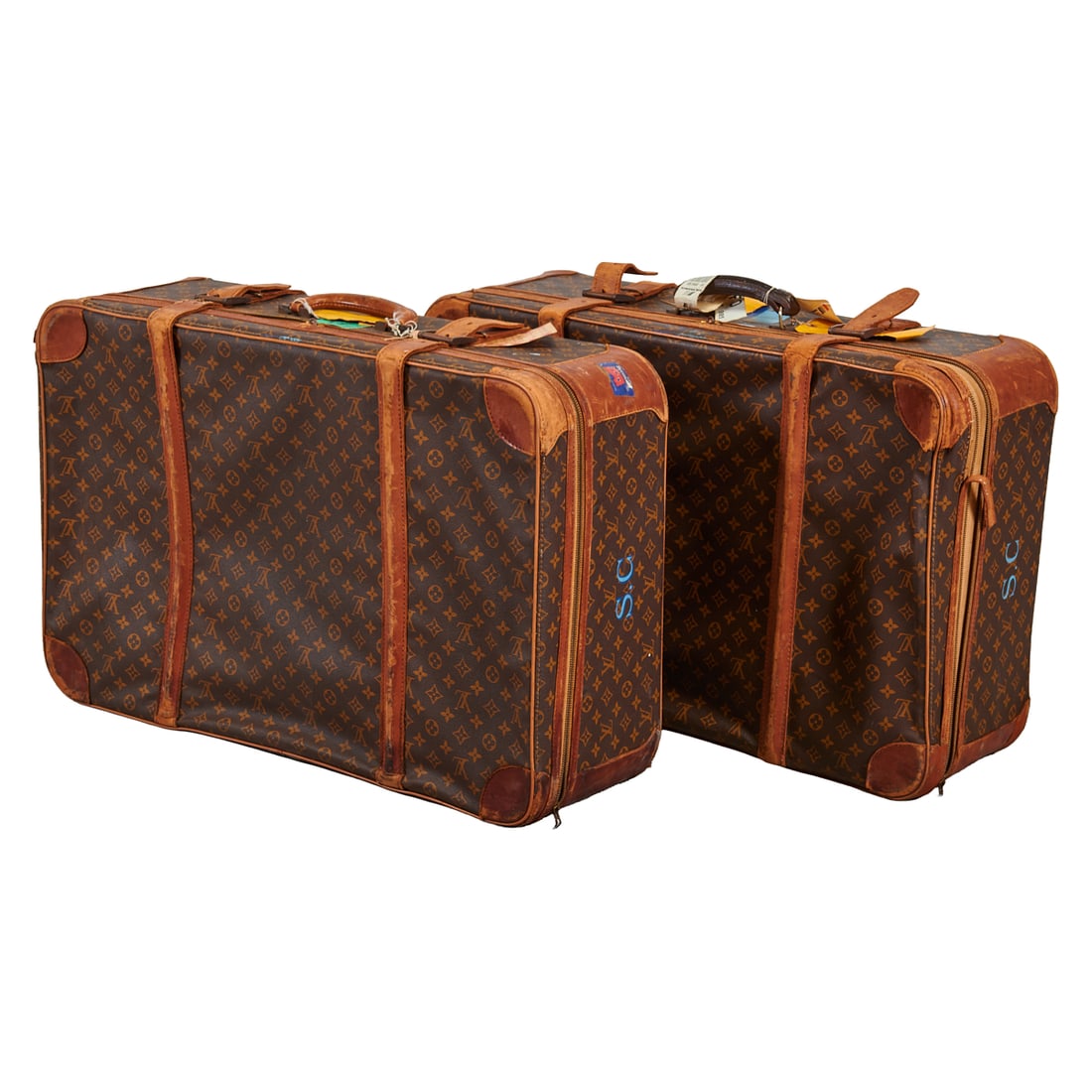 Set of Two Louis Vuitton Monogram Soft Suitcases. Both with yellow property tags, "Mr. and Mrs. Enzo (1 of 4)