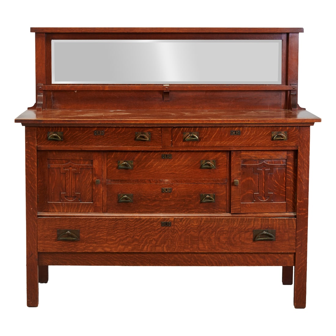 Mission Arts and Crafts Oak Sideboard, with mirror back, the top overcast above two short drawers, (1 of 3)