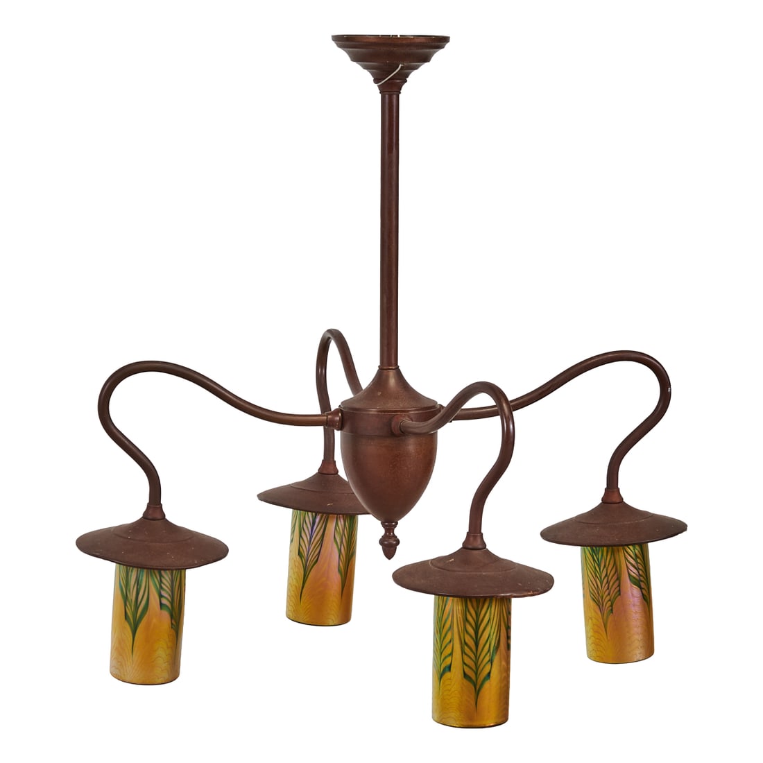 Encino Arts And Crafts Style Copper and Blown Glass Pendant Lamp, the four light copper fixtures: Encino Arts And Crafts Style Copper and Blown Glass Pendant Lamp, the four light copper fixtures with undulating arms emergent from vasiform body, tapering to inverted acorn terminate, the standard em