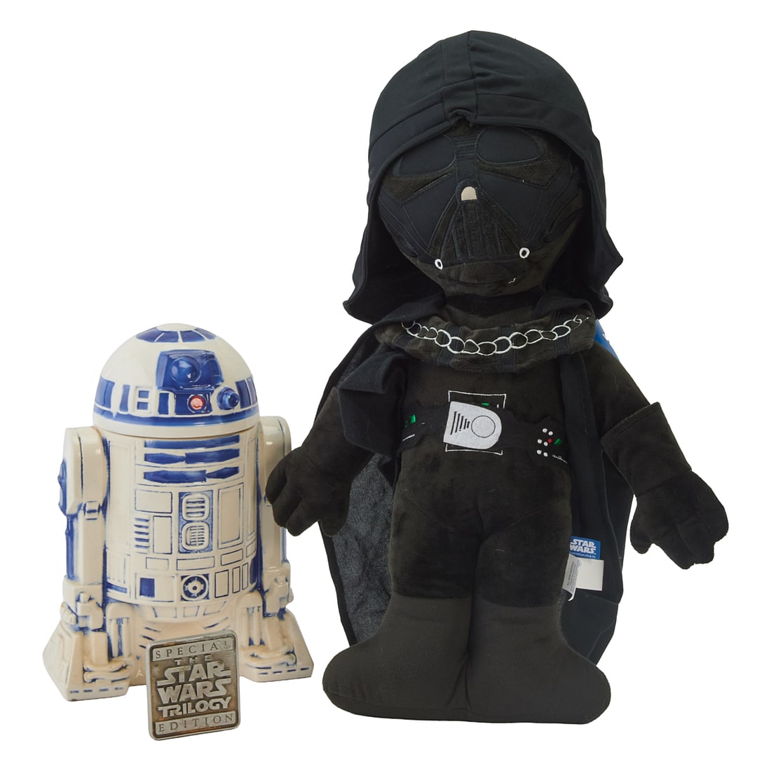 Three Star Wars Related Articles: Cookie Jar, Plaque, Stuffed Figure, the cookie jar formed as R2D2, (1 of 8)