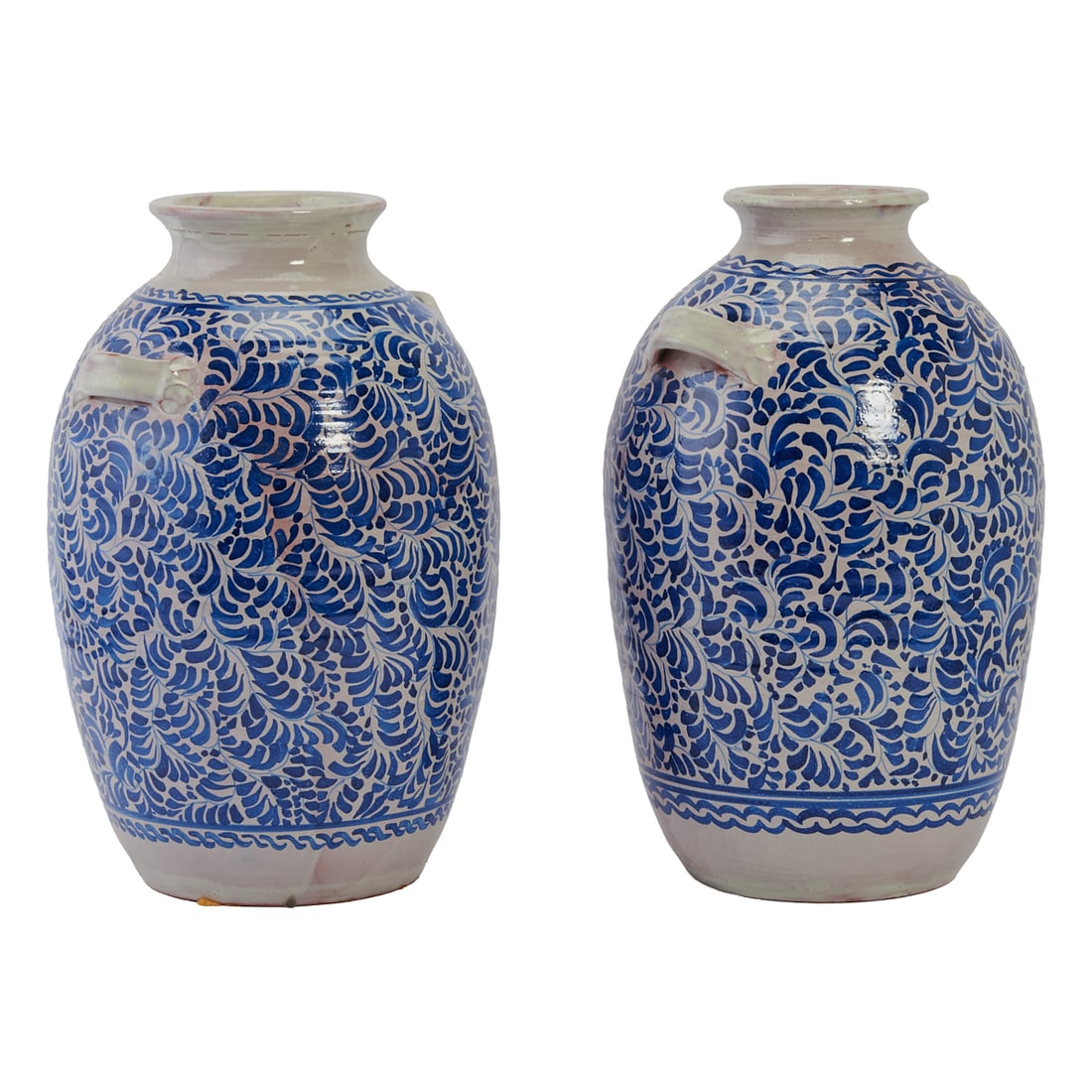 Pair of Mexican Talavera Pottery Vases, everted lips, waisted mouths, ovate bodies, with applied (1 of 3)