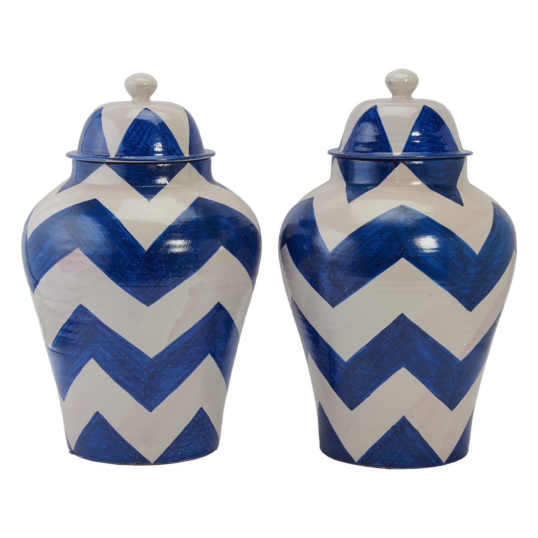 Two Large Mexican Talavera Earthenware Jars, glazed in white and painted with blue zig zagging (1 of 3)