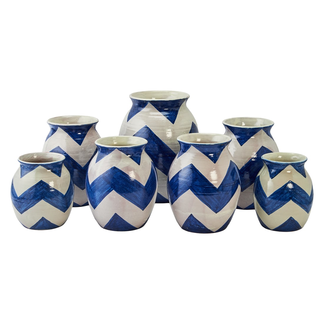 Seven Mexican Talavera Glazed Pottery Vases, painted in blue zig zagging bands on the white glazed (1 of 4)