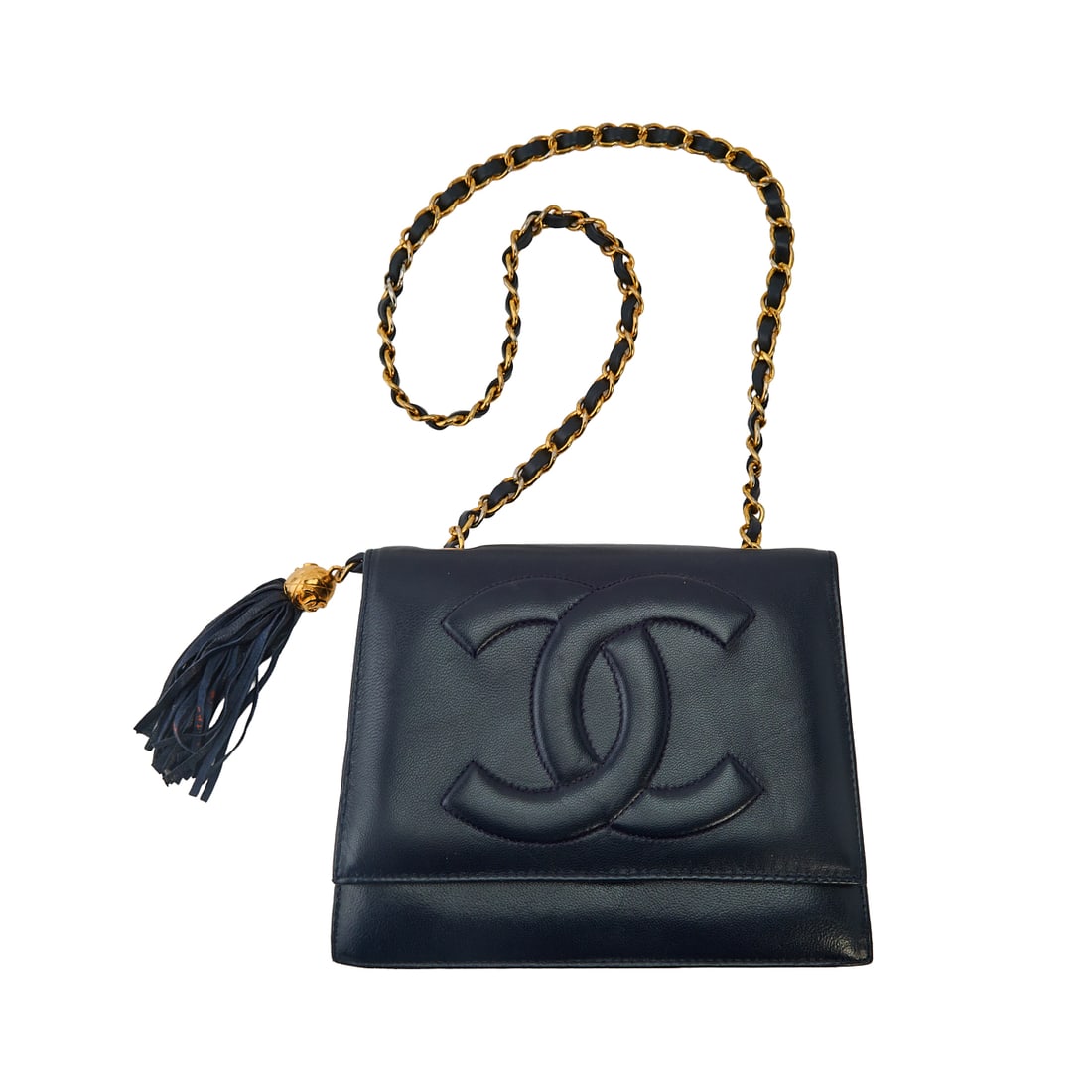 Chanel Blue Grained Calfskin Single Flap Bag, the shoulder chain with intwined matching leather: Chanel Blue Grained Calfskin Single Flap Bag, the shoulder chain with intwined matching leather band.Labeled to interior with the maker mark of interlocking Cs, CHANEL with R trademark, and MADE IN