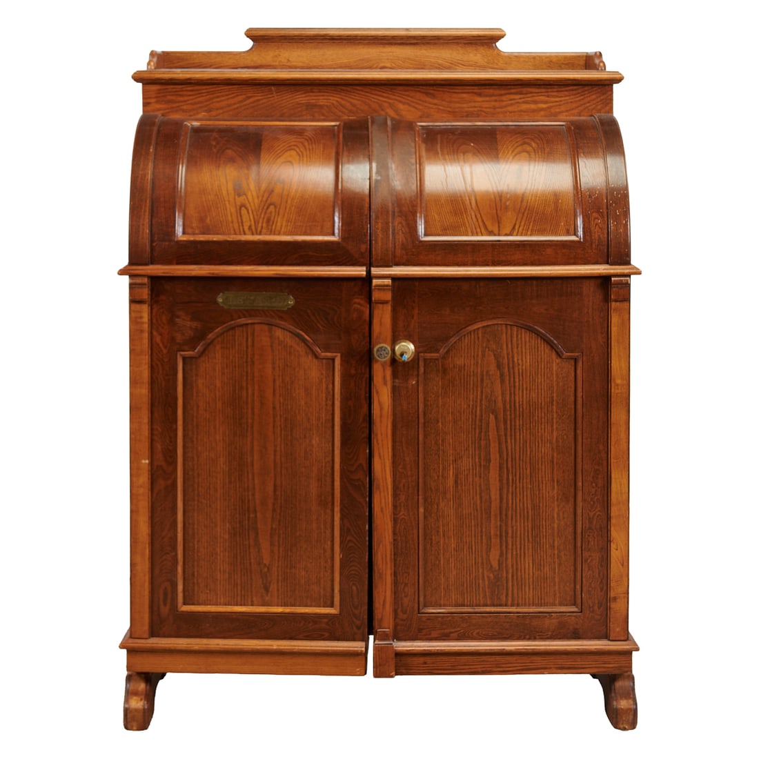 Victorian Style Walnut and Oak Wooten Desk, large front doors on brass hinges, revealing a fitted (1 of 6)