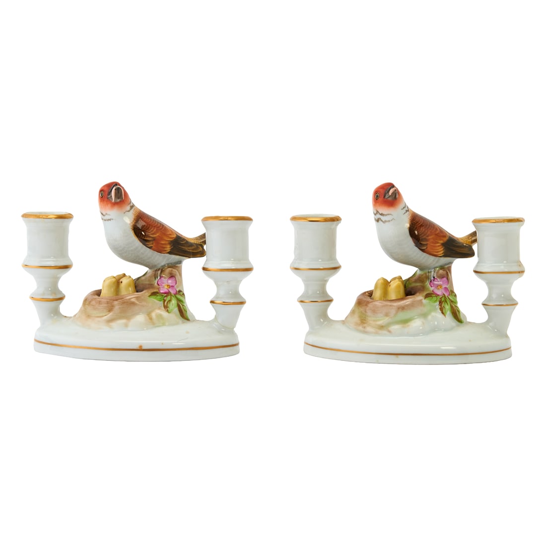 Pair of Herend Porcelain Figural Candelabra, oval bases, with candlestick to either side, centering (1 of 5)