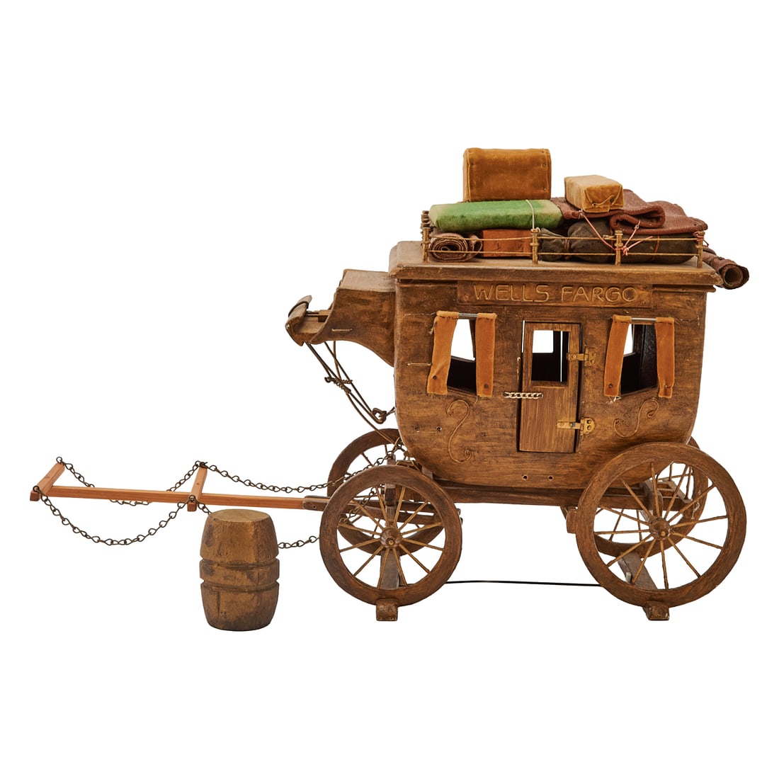 Wells Fargo Scale Model Stagecoach, wood frame coach, with block form luggage above the roof, (1 of 5)