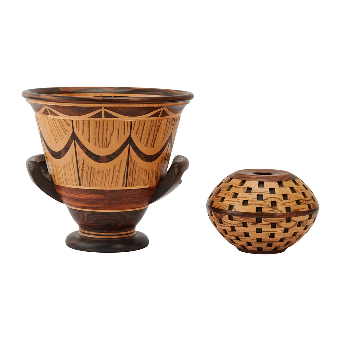 American Craft: Two Pete Arenskov Carved Table Articles: Comprising a Calyx Krater of birdseye (1 of 6)