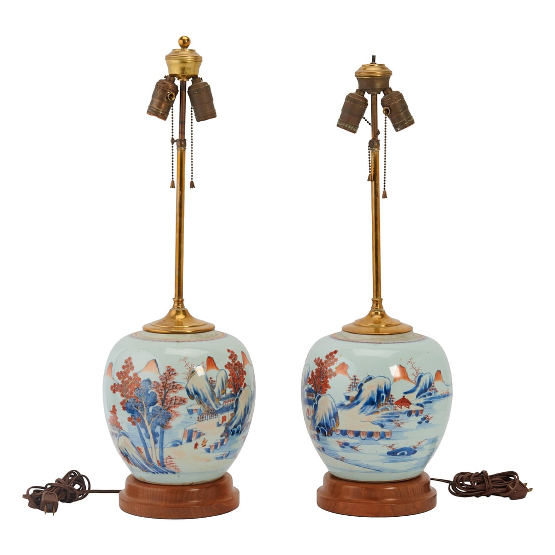 The globular jars painted in shades of blue and iron red with mountainous landscapes and trees, (1 of 4)