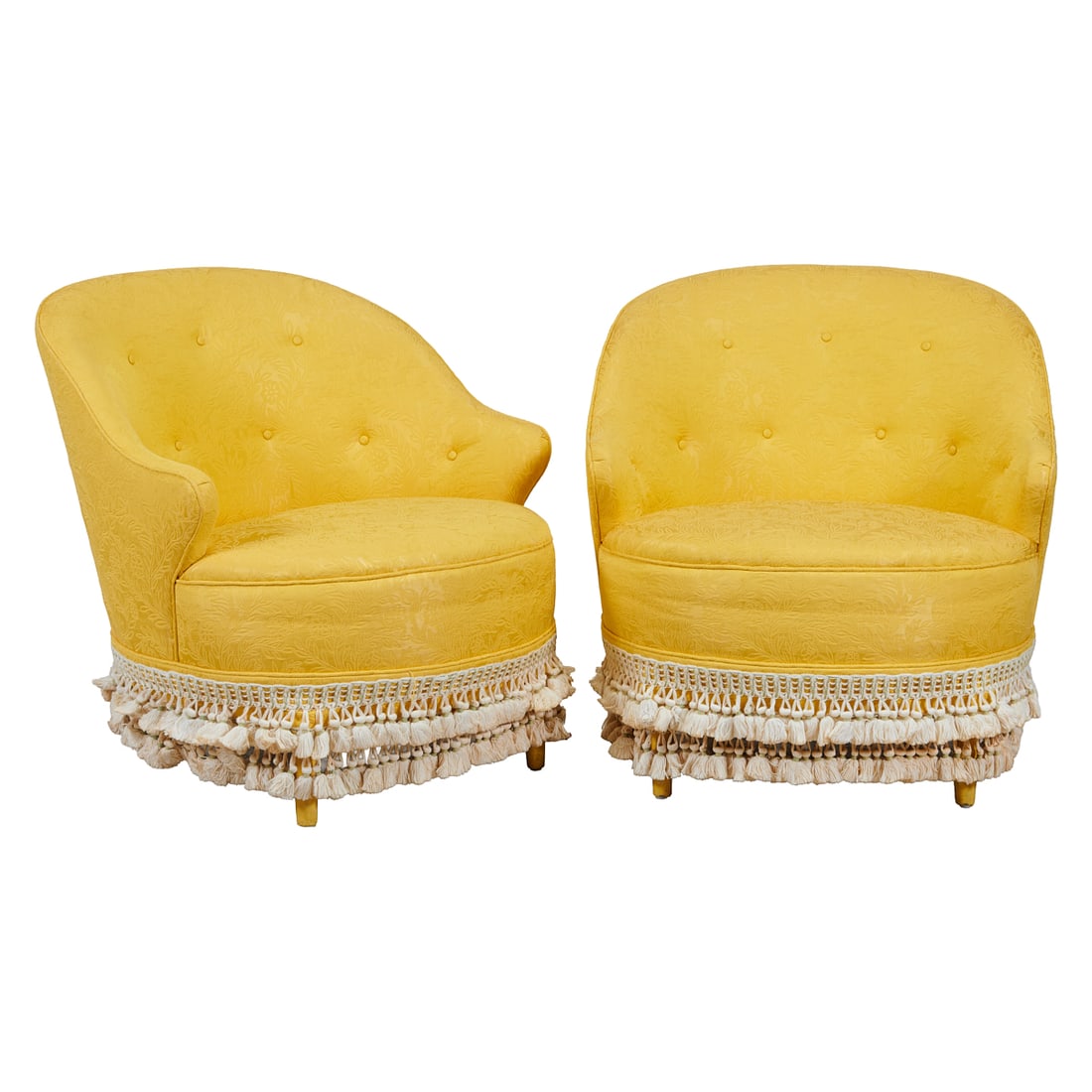 Pair of Regency Style Upholstered Barrel Back Slipper Chairs., with half length arms, over round (1 of 4)