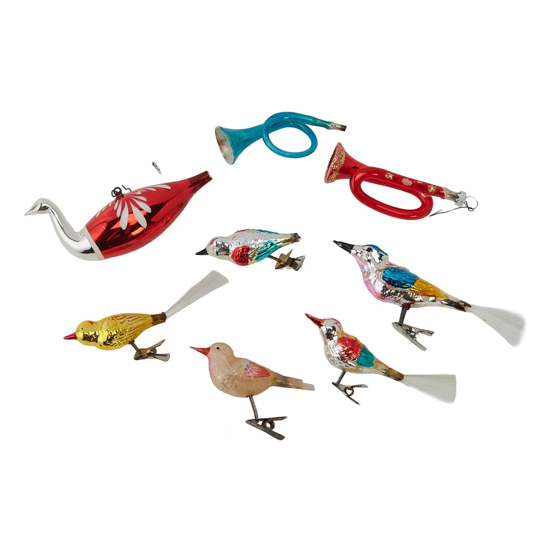 Collection of Vintage Glass Bird and Bugle Christmas Ornaments, Western German. Retailed by F.A. O.: Collection of Vintage Glass Bird and Bugle Christmas Ornaments, Western German. Retailed by F.A. O. Schwartz, New York. Approximately 40 birds, most with spring form legs terminating in white metal tr
