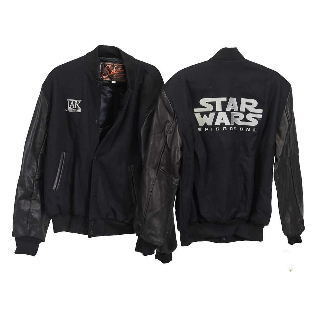 Two Star Wars, JAK Films Jackets, each letterman-style, wool and leather button-up, with "Star Wars (1 of 4)
