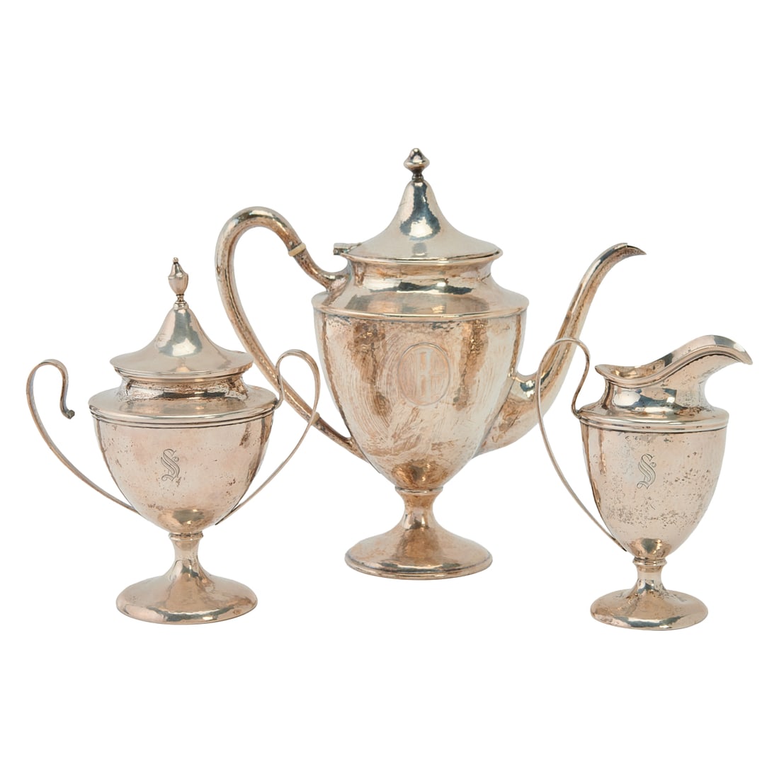 Shreve and Company Sterling Silver Three Piece Hammered Tea Set, Queen Anne Styling, with ovate (1 of 5)