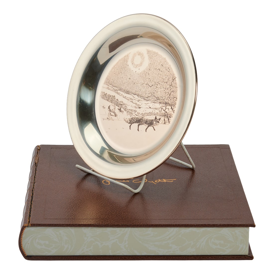 Wyeth Sterling Silver Dish, within a faux book-form presentation box.. WINTER FOX, designed by James: Wyeth Sterling Silver Dish, within a faux book-form presentation box.. WINTER FOX, designed by James Wyeth, produced by The Franklin Mint, 1973. Includes COA and case.{Approximate dimensions:. The