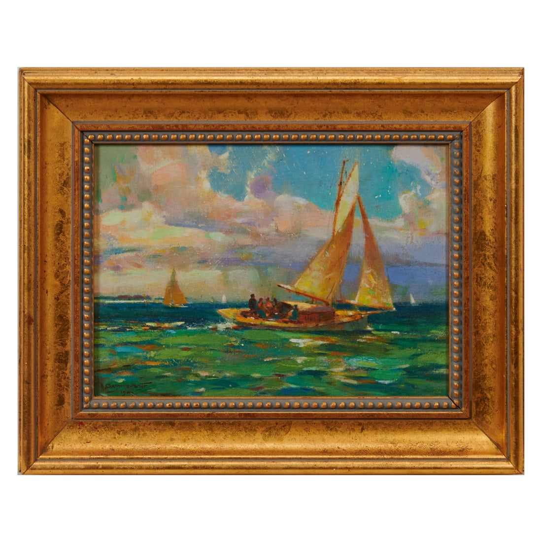 Walter Granville-Smith (American, 1870-1938),.The Vigilentia, - Bellport, oil on board; [approximate: Walter Granville-Smith (American, 1870-1938),.The Vigilentia, - Bellport, oil on board; [approximate dimensions - board: 7 3/16" H x 10" W]; signed lower left; titled and signed to verso: "The