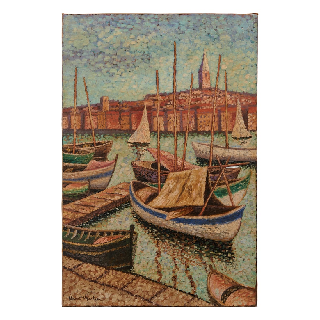 After Henri Jean Guillaume Martin (French, 1860-1943), Harbor, oil on canvas, [approximate: After Henri Jean Guillaume Martin (French, 1860-1943), Harbor, oil on canvas, [approximate dimensions - canvas: 24" H x 16" W], signed 'Henri Martin' lower left; stamped verso "Reeves & Sons."