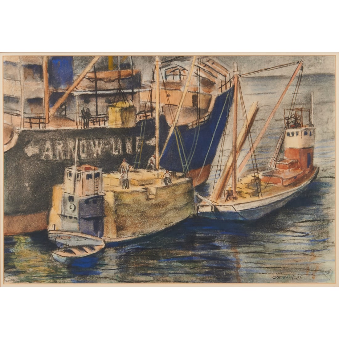 Otis Oldfield (American, 1890-1969), Arrow Line (Boats in the Sea), watercolor, pencil, colored: Otis Oldfield (American, 1890-1969), Arrow Line (Boats in the Sea), watercolor, pencil, colored pencil, and ink, [approximate dimensions - sight: 12" H x 17 3/4" W], signed 'Otis Oldfield' at lower