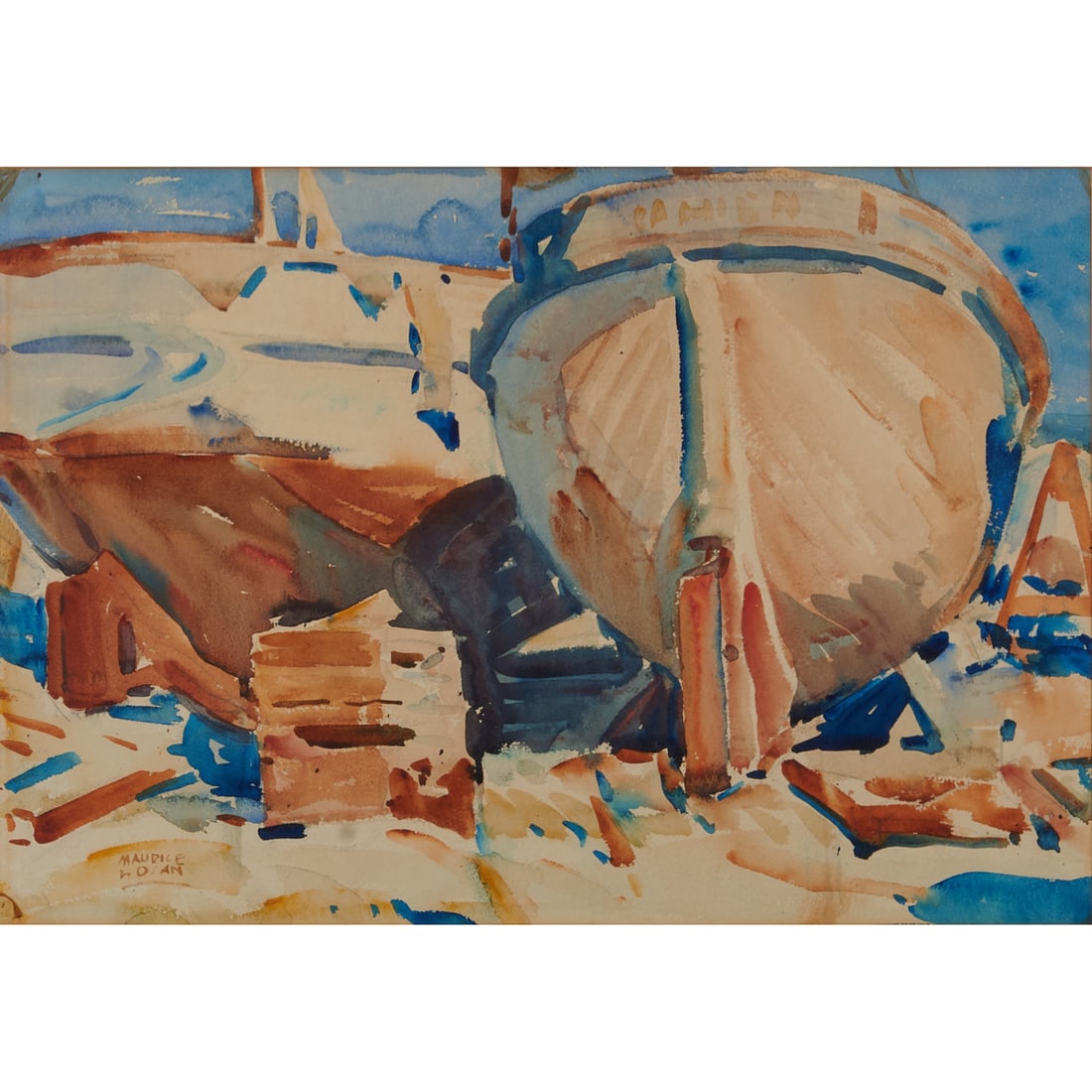 Maurice George Logan (American, 1886-1977), Boats at Dock, watercolor, [approximate dimensions -: Maurice George Logan (American, 1886-1977), Boats at Dock, watercolor, [approximate dimensions - sight: 13 1/8" H x 19 1/4" W], signed 'Maurice Logan' at lower left.