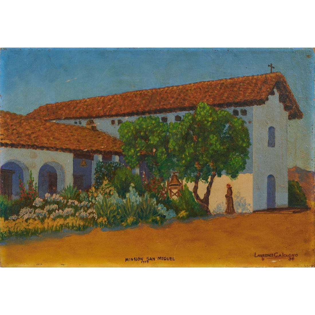 Lawrence Calcagno (American, 1913-1993), Mission San Miguel 1779,.1934,.oil on board, [approximate: Lawrence Calcagno (American, 1913-1993), Mission San Miguel 1779,.1934,.oil on board, [approximate dimensions - board: 14" H x 20" W], titled at low center, signed 'Lawrence Calcagno' and dated '34'