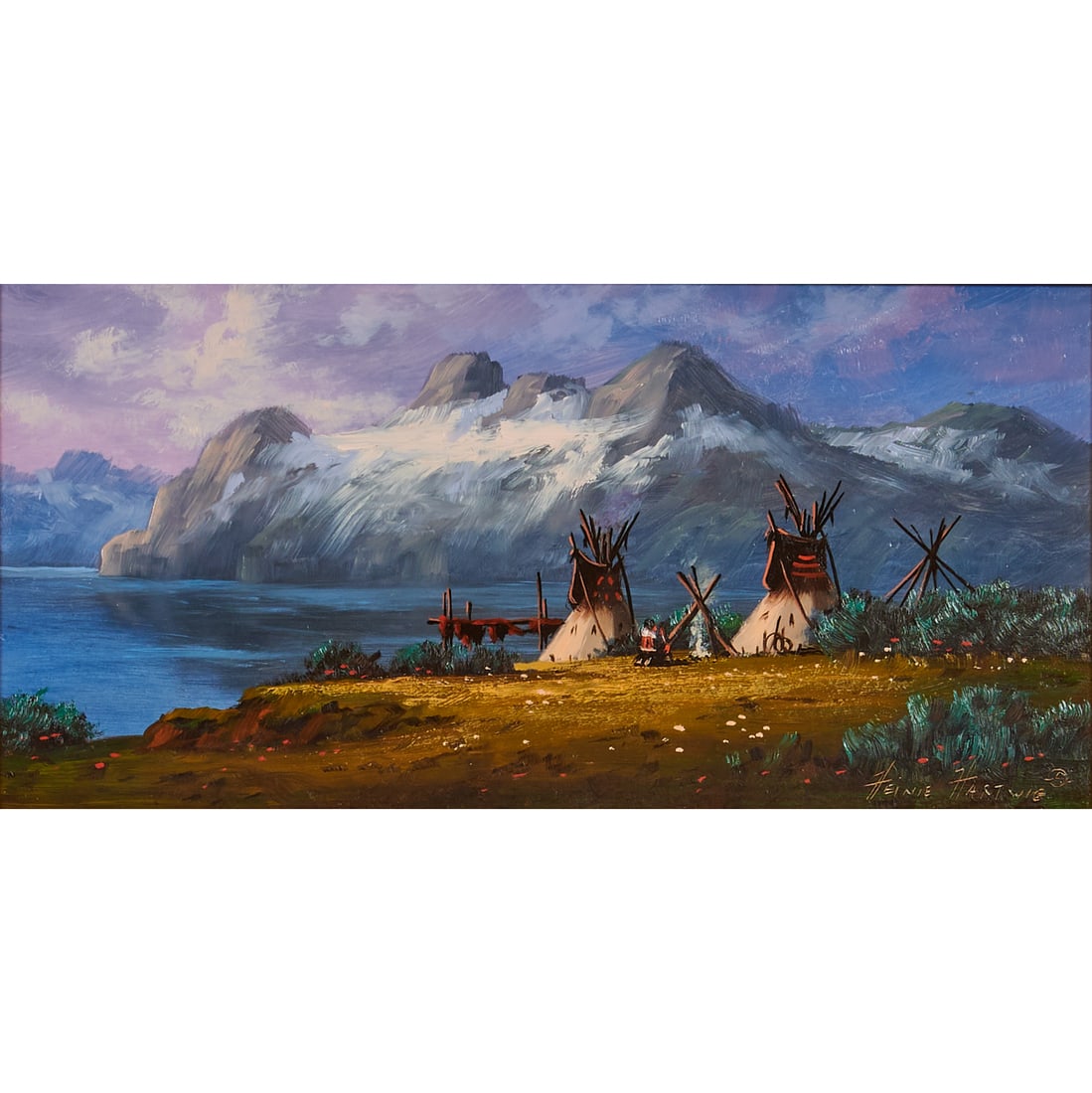 Heinie Hartwig (American, born 1937), Lakeside Camp,.oil on panel, [approximate dimensions - sight:: Heinie Hartwig (American, born 1937), Lakeside Camp,.oil on panel, [approximate dimensions - sight: 5 1/2" H x 11 1/2" W, panel: 6" H x 12" W], signed 'Heinie Hartwig' with copyright at lower right; i