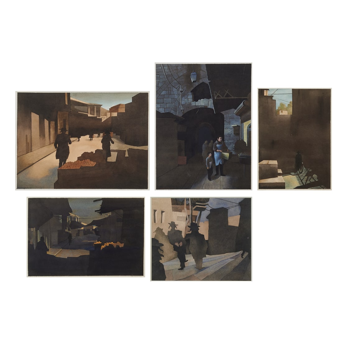 Elias Friedensohn (American, 1924-1991), "Jerusalem Shadows," 1982: Elias Friedensohn (American, 1924-1991), "Jerusalem Shadows," 1982, five watercolors, including (i) "Nocturne IV: Mea Sheazim," [sight: 11 1/8" H x 8" W], signed lower left, titled at low margin in pe
