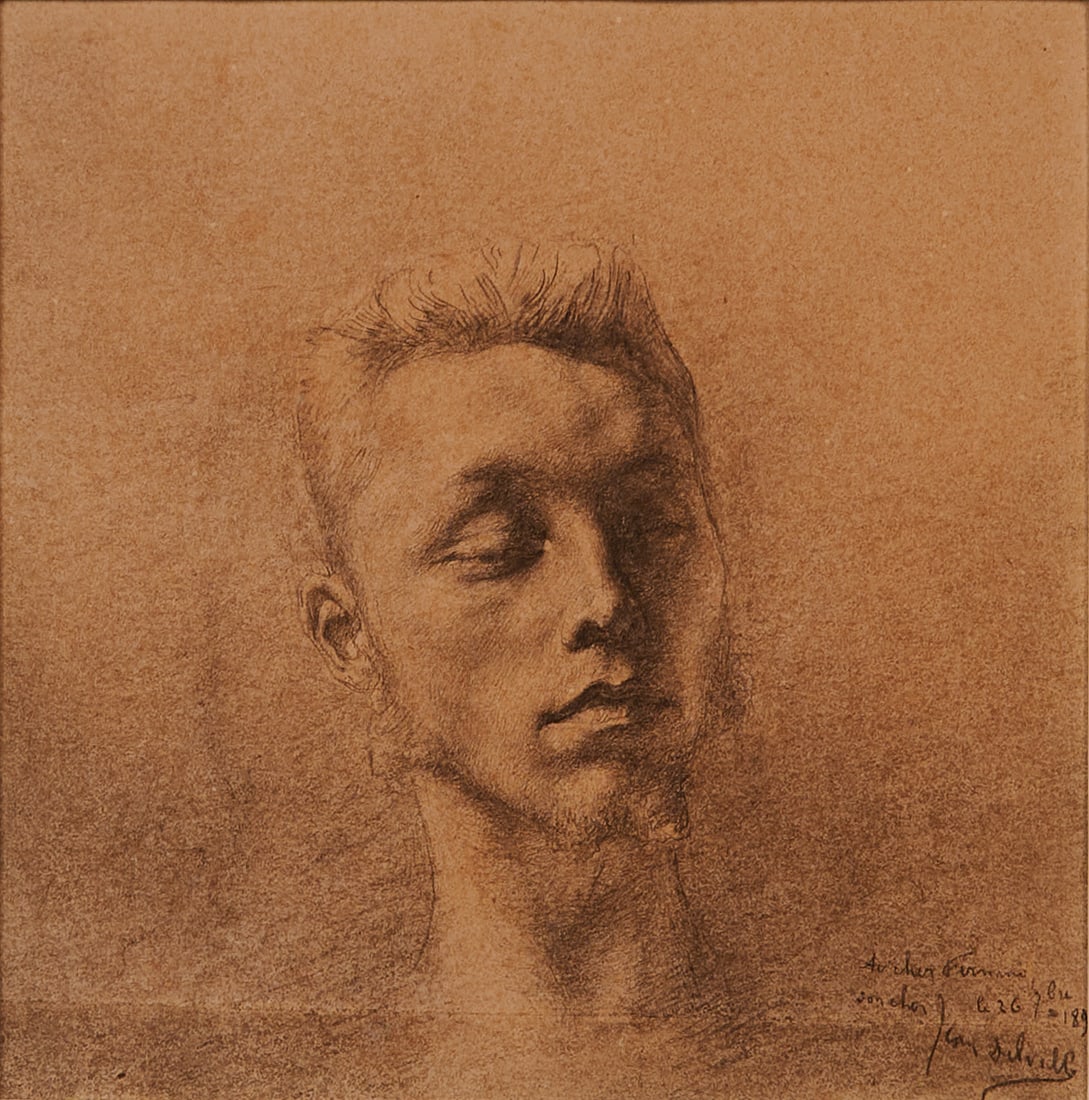 Jean Delville (Belgian, 1867-1953), Portrait, Head Study, 1891, graphite drawing on brown toned (1 of 5)