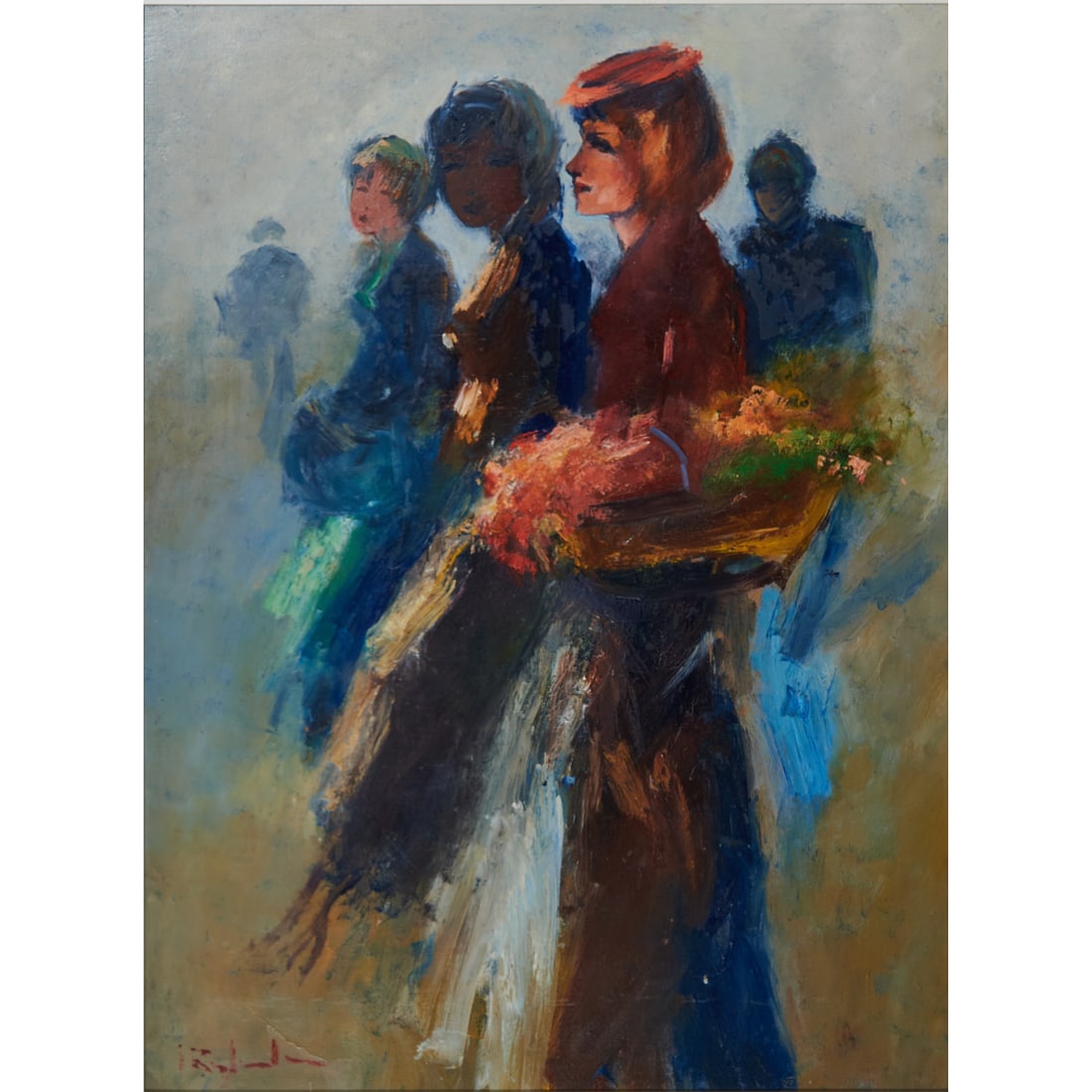 Jan Rijlaarsdam (Dutch, 1911-2007), Drie Bloemenmeisjes (Three Flower Girls), oil on canvas, (1 of 5)