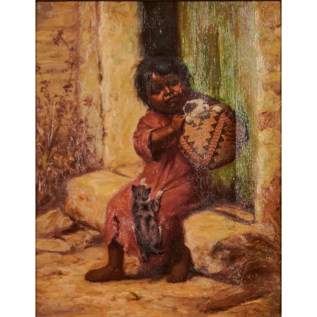 Alice Grey Hobbs Bolton Coutts (American,.1879-1973), Child with A Basket, oil on canvas,: Alice Grey Hobbs Bolton Coutts (American,.1879-1973), Child with A Basket, oil on canvas, [approximate dimensions - sight: 9 1/2" H x 7 3/8" W, canvas: 10" H x 8" W], copyright and signed 'Alice Coutt