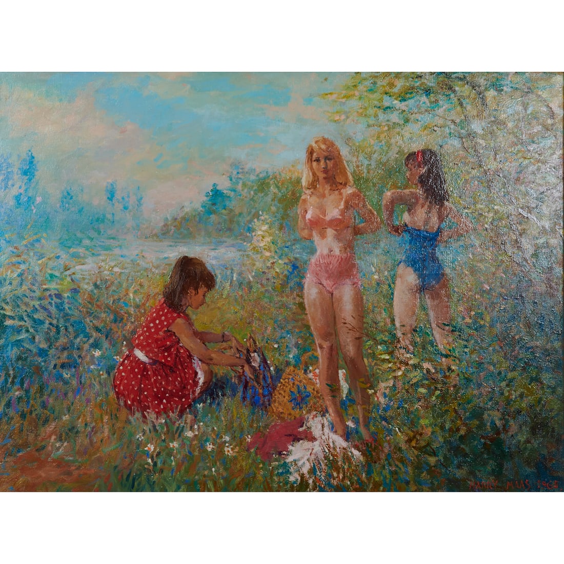 Harry Maas (Dutch, 1906-1982), "Drie Meisjes in Ven." (Three Girls Going Swimming), 1965, oil on: Harry Maas (Dutch, 1906-1982), "Drie Meisjes in Ven." (Three Girls Going Swimming), 1965, oil on canvas, [approximate dimensions - sight: 28 7/8" H x 38 3/4" W, canvas: 29 3/4" H x 39 1/2" W], signed 