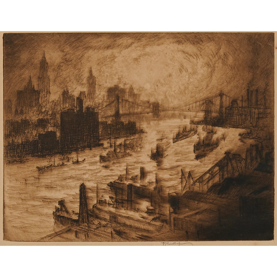Joseph Pennell (American, 1857-1926), Sunset from.Williamsburg Bridge,.etching, [approximate (1 of 4)