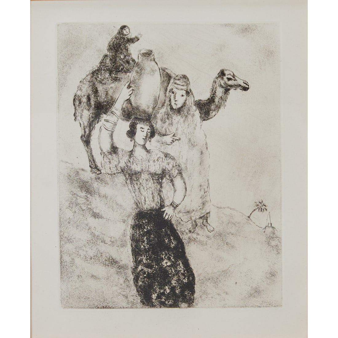 Marc Chagall (Russian, 1887-1985), Rebecca At The Well, #12, etching.from the "Bible" suite from: Marc Chagall (Russian, 1887-1985), Rebecca At The Well, #12, etching.from the "Bible" suite from 1956, total edition of 395,.[approximate dimensions - plate: 11 5/8" H x 8 1/8" W],.unsigned plaque.rec