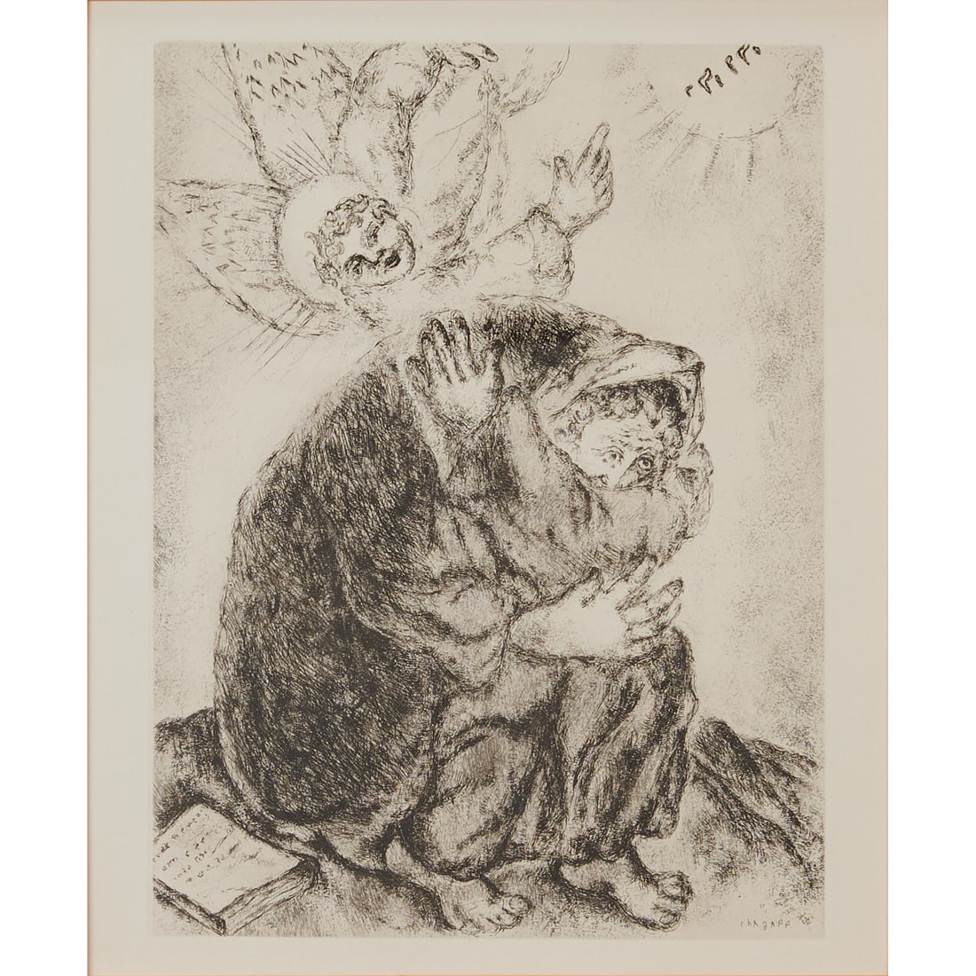 Marc Chagall (Russian, 1887-1985), Isaiah's Prayer,.#99, etching from the "Bible" suite from 1956,: Marc Chagall (Russian, 1887-1985), Isaiah's Prayer,.#99, etching from the "Bible" suite from 1956, total edition of 395,.[approximate dimensions - plate: 12 3/4" H x 9 5/8" W], signed in plate at lowe
