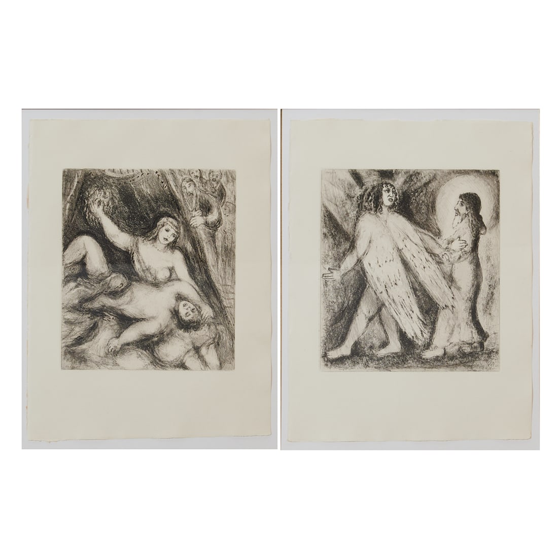 Marc Chagall (Russian, 1887-1985), (i) Samson and Delilah, #56, signed in plate at lower left, and: Marc Chagall (Russian, 1887-1985), (i) Samson and Delilah, #56, signed in plate at lower left, and (ii).Man Guided By God,.#97, signed in plate at upper left;.two etchings from the "Bible" suite from 