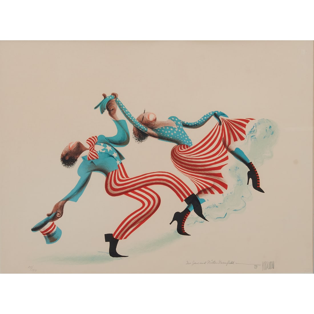 Al Hirschfeld (American, 1903-2003), Cakewalk,.from.the Rhythm series, colored lithograph, (1 of 6)