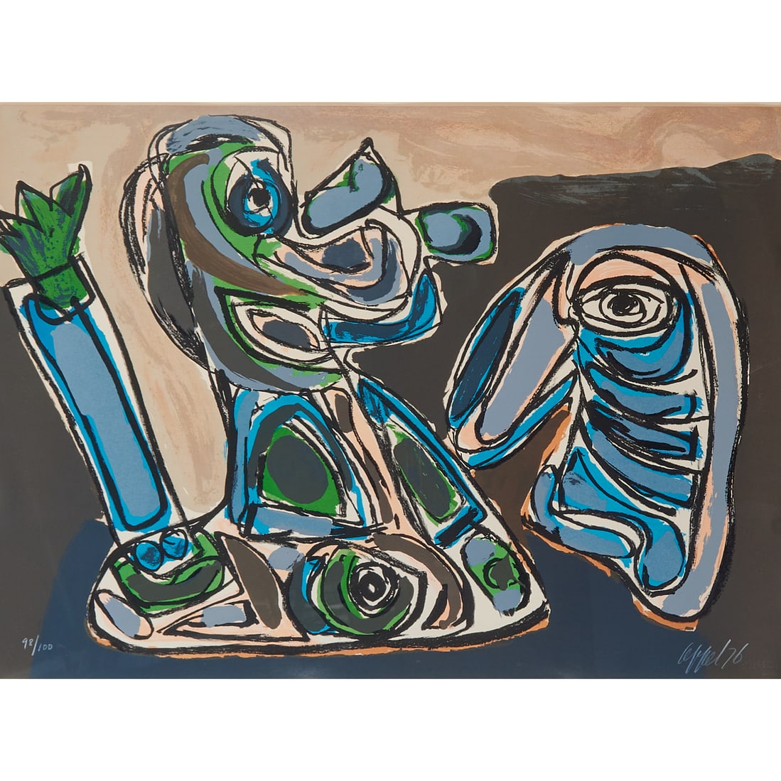 Karel Appel (Dutch, 1921-2006), Blue Eyed Creature and The Instructor, 1976, colored lithograph on: Karel Appel (Dutch, 1921-2006), Blue Eyed Creature and The Instructor, 1976, colored lithograph on Arches paper, [approximate dimensions - sheet: 24 1/8" H x 33 1/4" W], numbered 98/100 at lower left,
