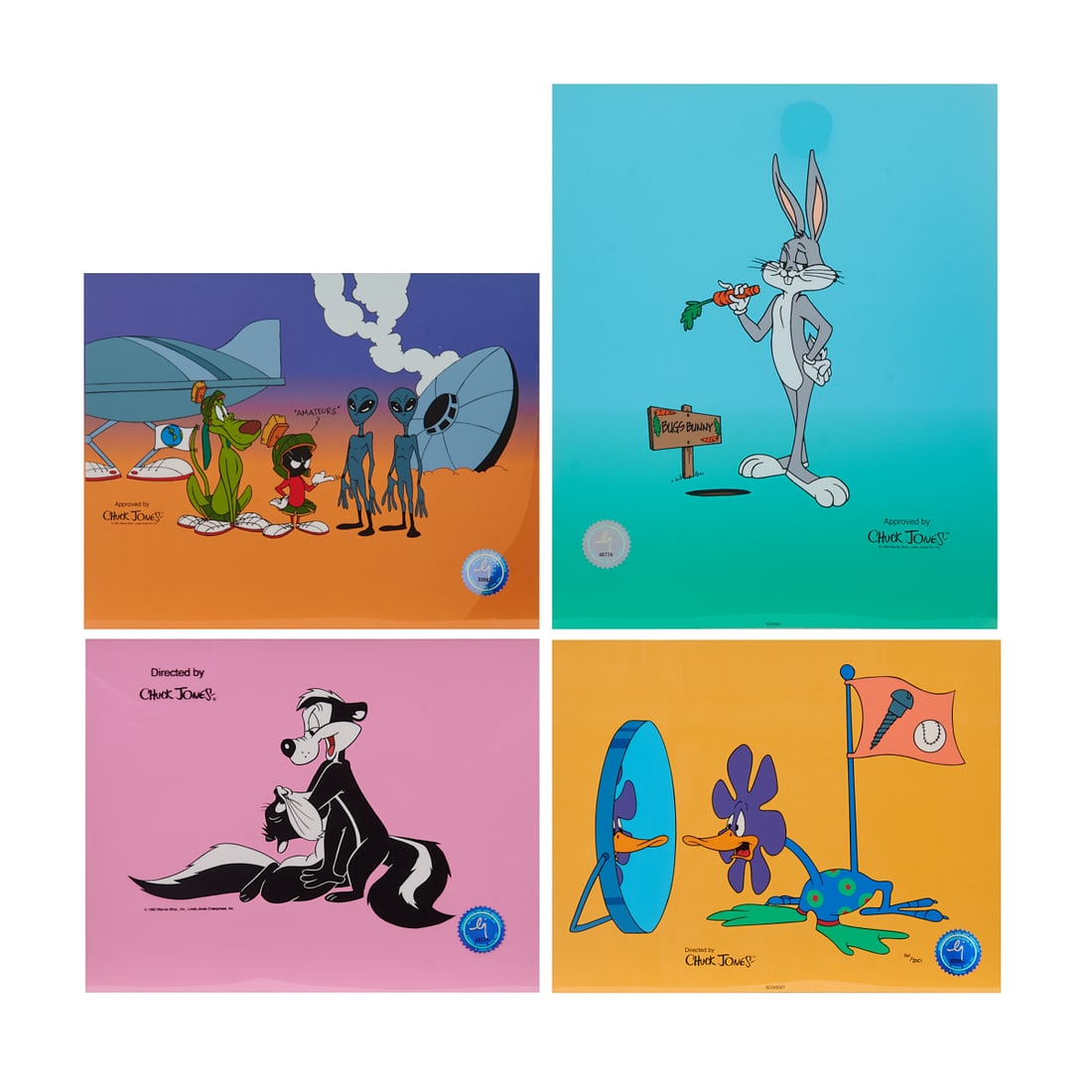 Chuck Jones (American, 1912-2002), four.serigraph celluloids with backgrounds, including (i): Chuck Jones (American, 1912-2002), four.serigraph celluloids with backgrounds, including (i) Amateurs,.#33962, [sheet: 11 1/8" H x 14" W],.'Approved by Chuck Jones, Copyright 1997.Warner Bros. Linda J