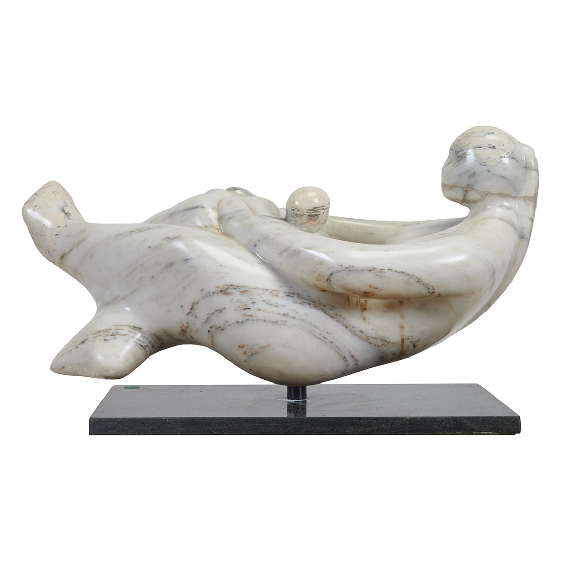 Alfred Tibor (Jewish, 1920-2017),."Playtime," 1987, marble on stand, [approximate dimensions -: Alfred Tibor (Jewish, 1920-2017),."Playtime," 1987, marble on stand, [approximate dimensions - overall: 13" H x 22" W x 11" D], signed and dated 'Tibor '87' on foot. Notes: This lot includes a certifi
