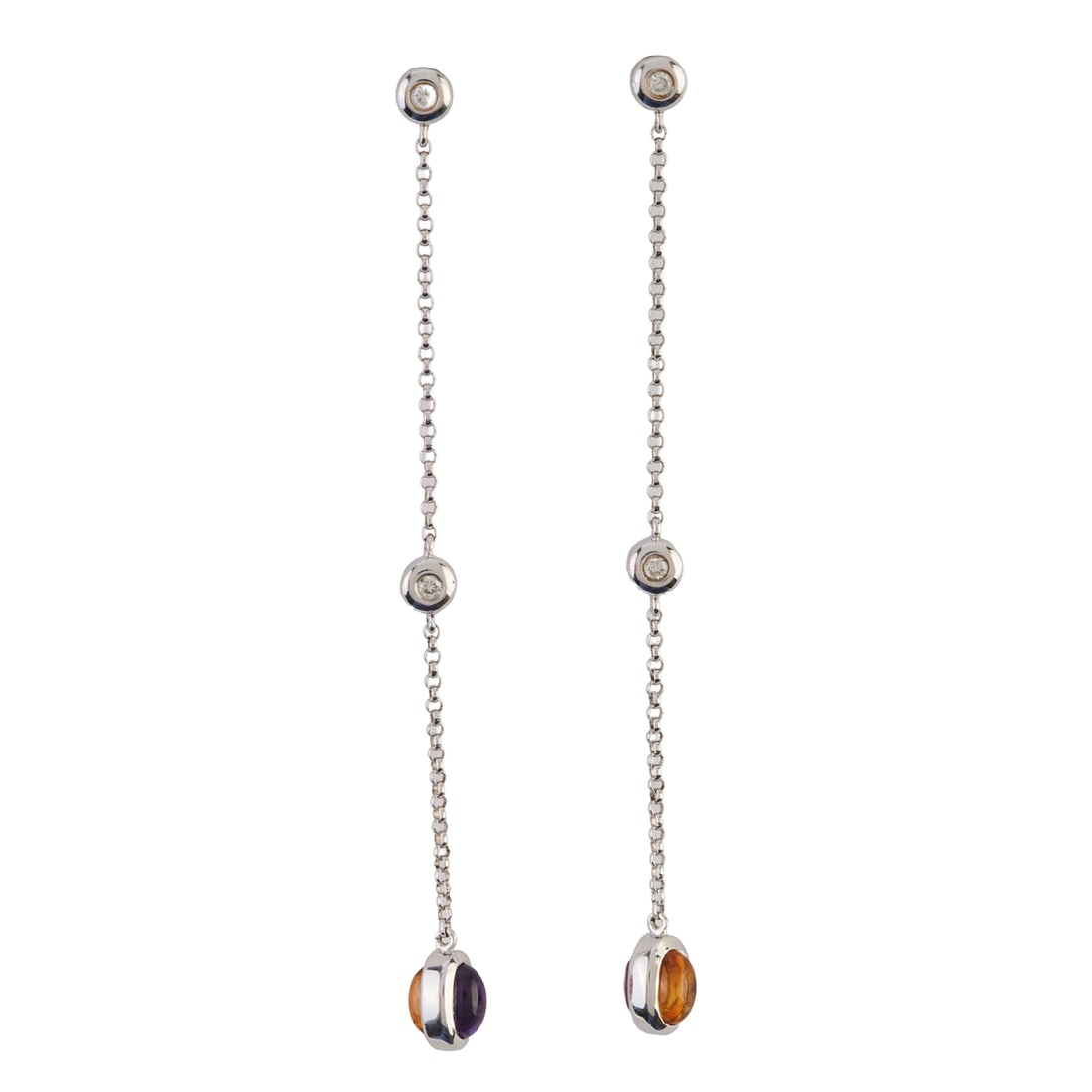 Pair of Amethyst, Citrine, Diamond, 14k White Gold Earrings. Each featuring one oval shaped amethyst: Pair of Amethyst, Citrine, Diamond, 14k White Gold Earrings. Each featuring one oval shaped amethyst and one oval shaped citrine set back to back, accented by three full-cut diamonds, set in a 14k whi
