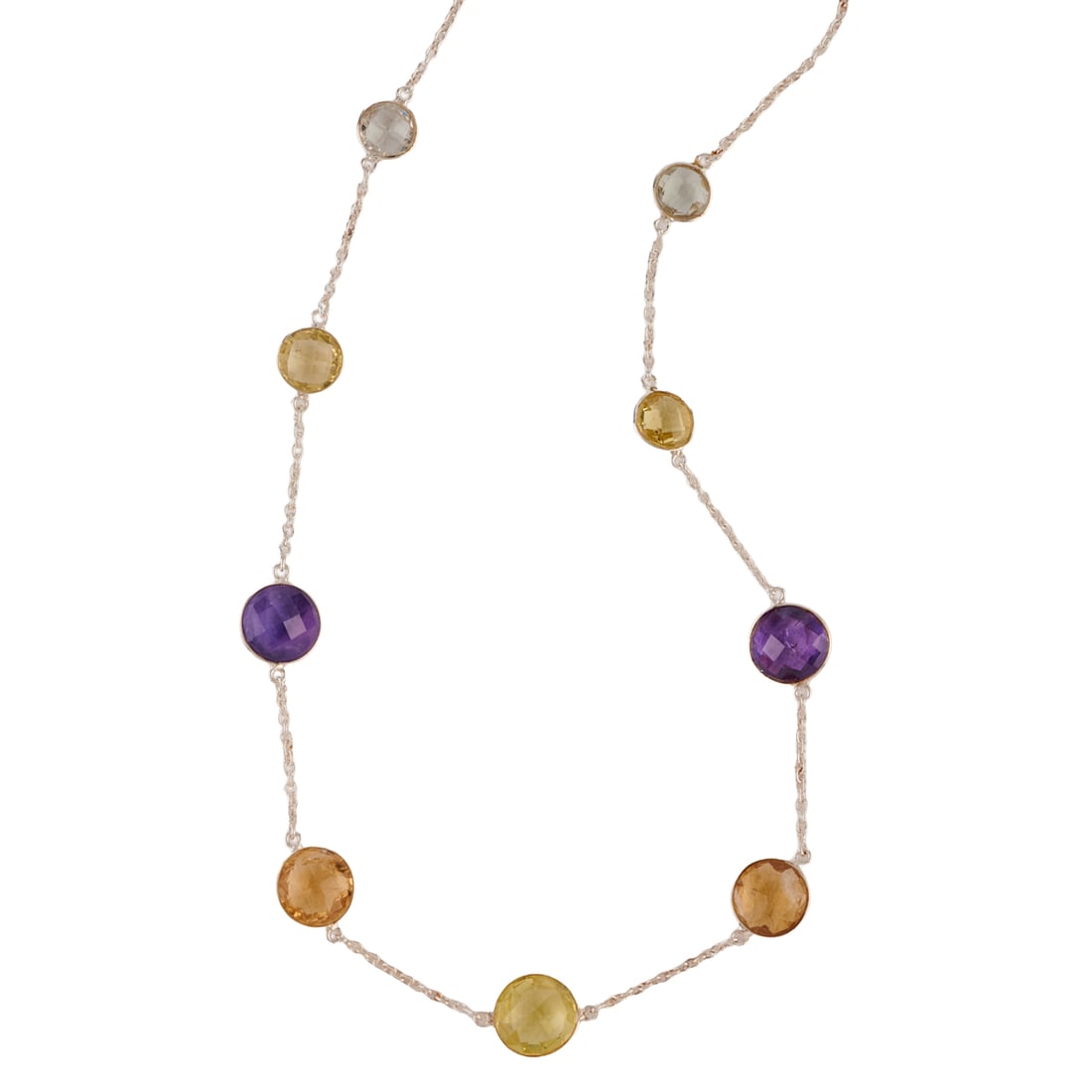 Multicolored Quartz, Silver Necklace. Featuring nine round shaped, faceted green quartz, amethyst,: Multicolored Quartz, Silver Necklace. Featuring nine round shaped, faceted green quartz, amethyst, citrine and rock crystal quartz, bezel set and linked by silver chain, completed by a spring ring cla