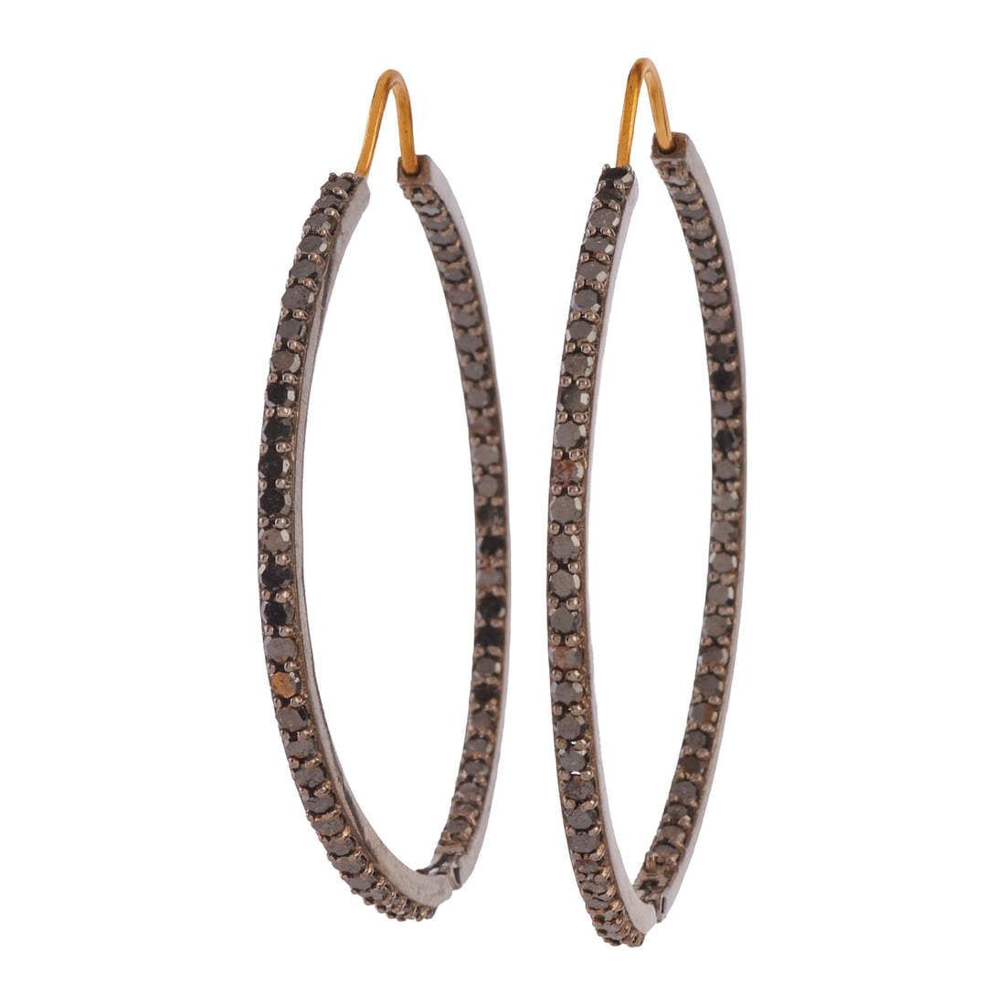 Pair of Black Diamond, Oxidized Silver Hoop Earrings. Each featuring numerous round-cut black (1 of 4)