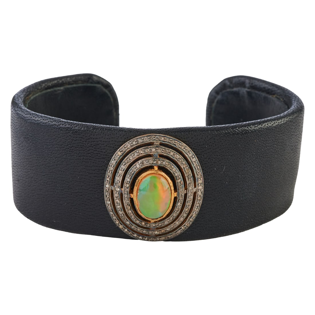 Opal, Diamond, Vermeil, Leather Cuff Bracelet. Featuring one oval shaped opal cabochon measuring (1 of 3)