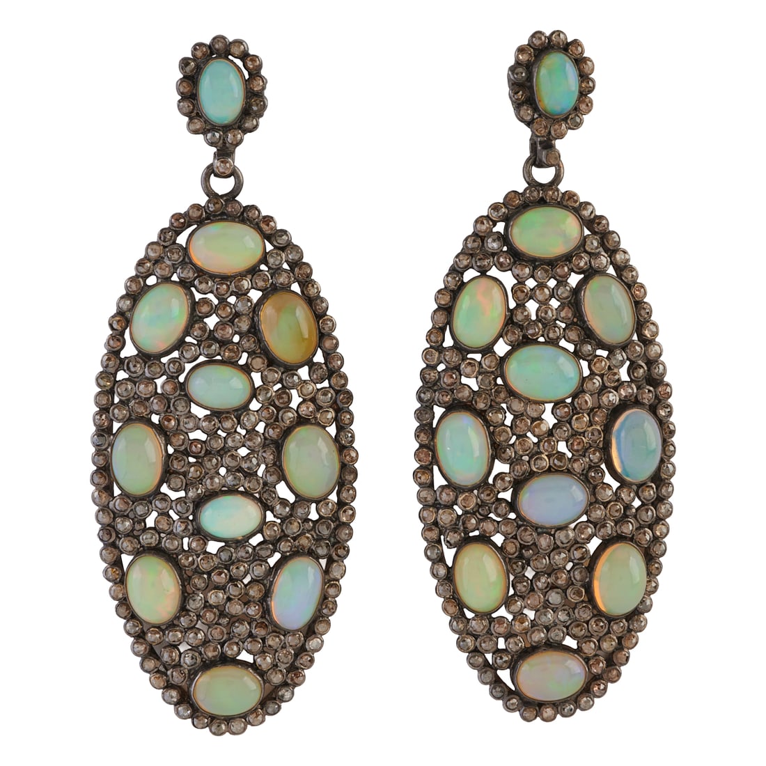 Pair of Opal, Diamond, Oxidized Silver Earrings. Each featuring eleven oval shaped opal cabochons,: Pair of Opal, Diamond, Oxidized Silver Earrings. Each featuring eleven oval shaped opal cabochons, accented by rose-cut diamonds, set in an oxidized silver mounting measuring approximately 66 x 25 mm.
