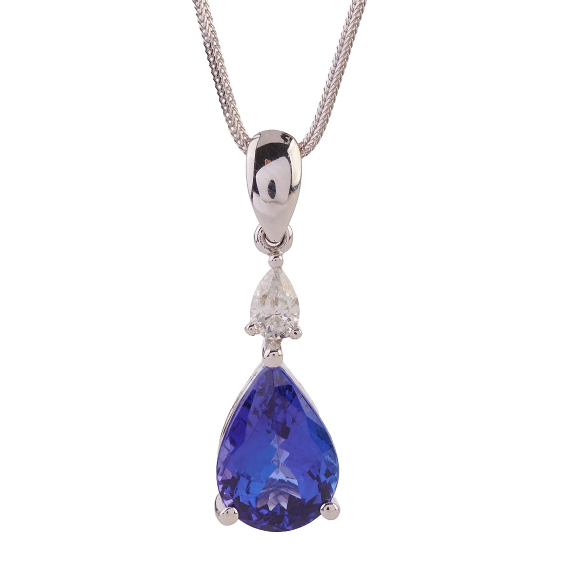 Tanzanite, Diamond, 14k White Gold Pendant Necklace. Featuring one pear-cut tanzanite weighing (1 of 3)
