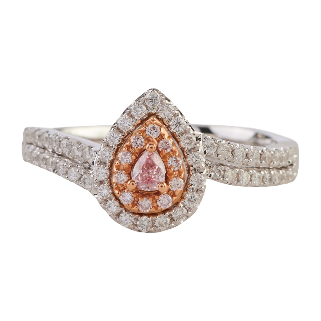 Pink Diamond, Diamond, 14k White and Rose Gold Ring. Featuring one pear-cut pink diamond weighing: Pink Diamond, Diamond, 14k White and Rose Gold Ring. Featuring one pear-cut pink diamond weighing approximately 0.06 ct., accented by sixty full-cut diamonds weighing a total of approximately 0.25 ctt