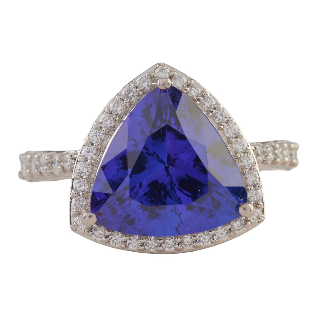 Rhapsody Tanzanite, Diamond, Platinum Ring. Featuring one triangular-cut tanzanite weighing (1 of 4)