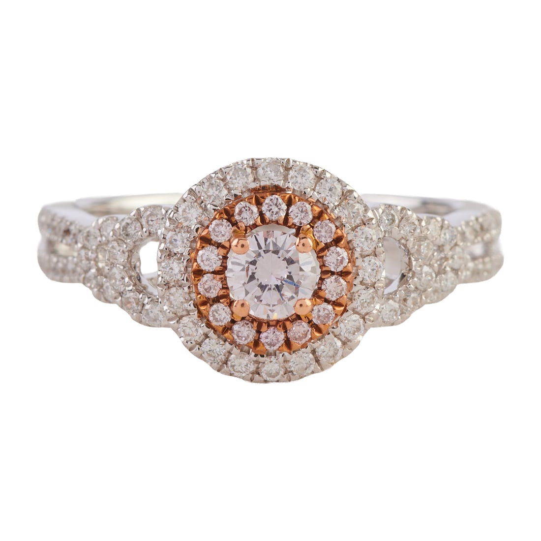 Diamond, 14k White and Rose Gold Ring. Centering one round brilliant-cut diamond weighing (1 of 4)